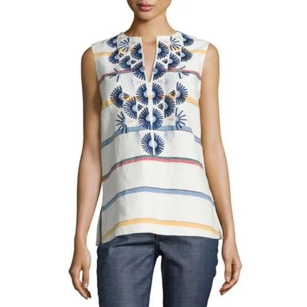 Tory Burch Striped Avery Sleeveless Top 0 - Picture 1 of 8